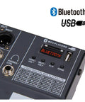 Close-up of 6 Channel Bluetooth Audio Mixer DJ Sound Controller With USB MP3 Player 4 XLR Microphone Inputs.