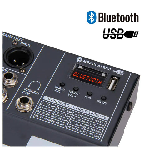 Close-up of 6 Channel Bluetooth Audio Mixer DJ Sound Controller With USB MP3 Player 4 XLR Microphone Inputs.
