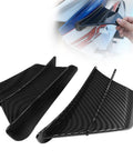 Carbon Fiber Black Motorcycle Winglets, Glossy Self-Adhesive Fairing Wings, shown in installation process and close-up view