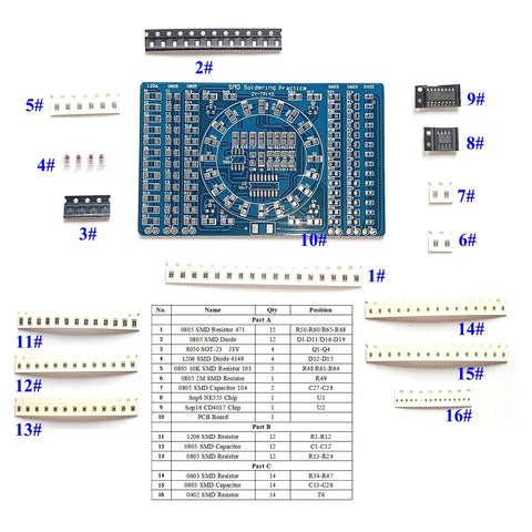 Four Pack Soldering Practice Kit For SMD And SMT Electronics All In One DIY Soldering Training Board Realistic Practice Project Kit To Learn Soldering At Home 5V Powered Board Great For Beginners And Hobbyists with components and manual layout.