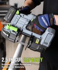 Cordless 20V Bandsaw For Metal Cutting, Portable Band Saw With 2.5 Inch Cut Capacity in use on round metal pipe