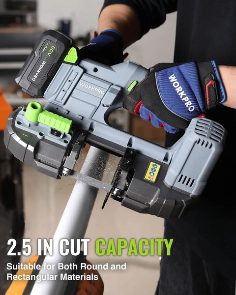 Cordless 20V Bandsaw For Metal Cutting, Portable Band Saw With 2.5 Inch Cut Capacity in use on round metal pipe