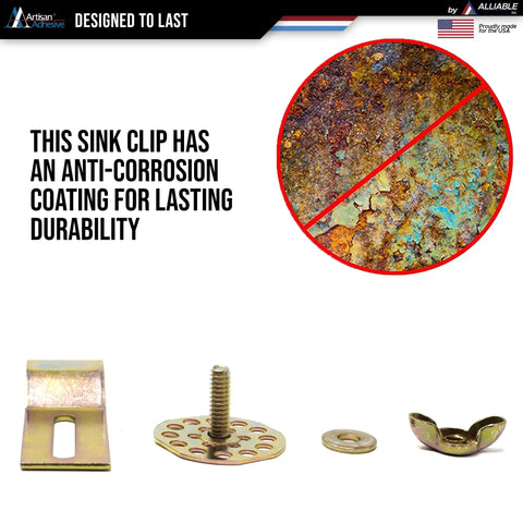 Beefy 10 Pack Heavy Duty Undermount Sink Clip Kit With Epoxy Sink Clips and anti-corrosion coating shown in detail.