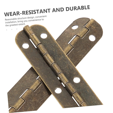Two long antique-bronze steel piano hinges with screw holes for furniture.