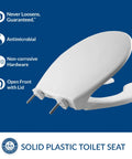 Commercial Heavy Duty Open Front Toilet Seat With Cover, Round White, Built To Last With Stay-Tite Installation shown closed