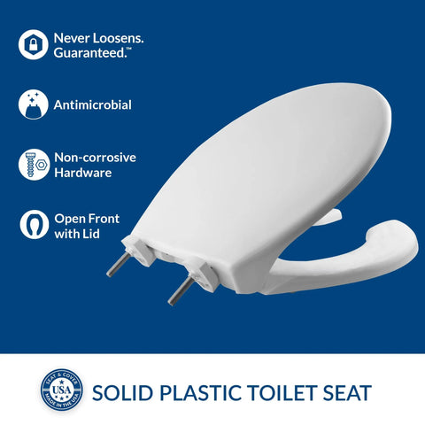 Commercial Heavy Duty Open Front Toilet Seat With Cover, Round White, Built To Last With Stay-Tite Installation shown closed