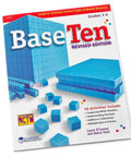 Cover of Base Ten Revised Edition book with blue plastic base ten blocks for kids, place value manipulatives, counting cubes.