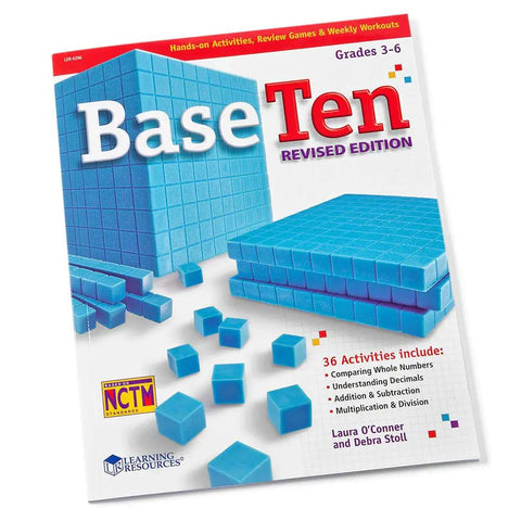 Cover of Base Ten Revised Edition book with blue plastic base ten blocks for kids, place value manipulatives, counting cubes.