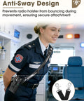 Medical worker using rugged radio holster set with adjustable wide reflective strap, metal clips, and anti sway strap