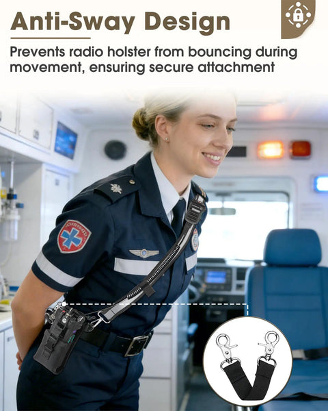 Medical worker using rugged radio holster set with adjustable wide reflective strap, metal clips, and anti sway strap