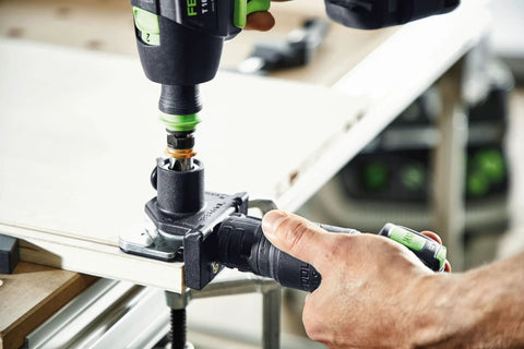 Domino Connector Kit For DF 500 Q System KV-SYS D8 in use on wooden board, showing precise joinery installation.