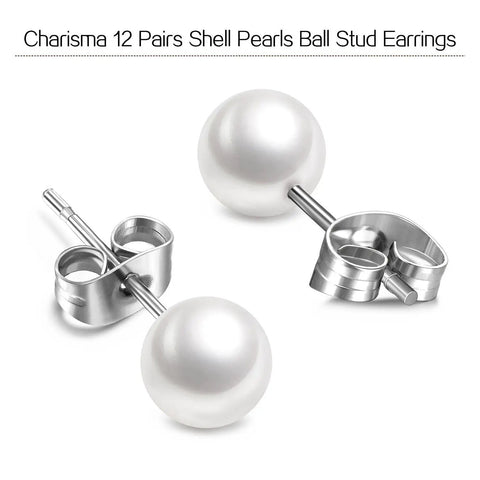 Hypoallergenic 8mm Imitation Pearl Stud Earrings Set for Women, 12 Pairs, Surgical Stainless Steel Back, Round Ball Pearls, Everyday Sparkle, Nickel Free, Comfortable All Day Wear, shown with pearl studs and steel backs