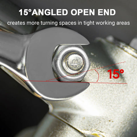 Close-up of One And A Quarter Inch Combination Wrench With 12 Point Box End, showing 15 degree offset in use