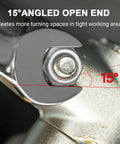 Close-up of 32mm Combination Wrench Heavy Duty Industrial Grade Forged Chrome Vanadium Steel 12 Point Box End With 15 Degree Offset Sandblasted Finish Metric For Pro Mechanics in use on a bolt