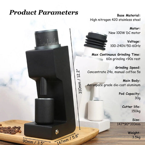 Dead Simple Single Dose Coffee Grinder With Killer Conical Burrs Angled Tilt Body For Near Zero Retention Infinitely Adjustable Motor Speed For Espresso And Pour Over Ultimate Brew Upgrade dimensions and specifications on a wooden tray.