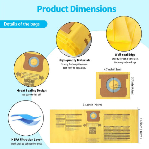 Product dimensions chart showing details of "10 Pack High Efficiency Type H Dust Collection Bags for 5-8 Gallon Vacuums, Disposable, Easy Fit."
