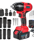 18V Brushless Cordless Impact Wrench Serving Up 1106 FT Lbs Of Killer Torque 1/2 Inch Drive 3200 Max RPM kit with sockets and drill bits.