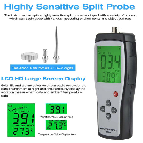Pro Grade Handheld Vibrometer With Accelerometer For Motors Bearings Pumps And Industrial Machinery Analysis Measures Acceleration Velocity And Displacement For Real Time Vibration Monitoring And Fault Detection, handheld vibration meter with LCD display and probes