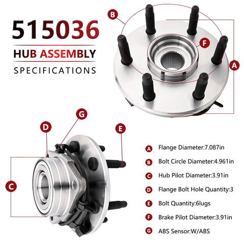 Front Wheel Hub Bearing Assembly 515036 Pair For Chevy Silverado 1500 Suburban Express Avalanche Tahoe 2002 Through 2006 GMC Sierra Yukon Savana Cadillac Escalade ESV EXT 4WD, diagram showing specifications