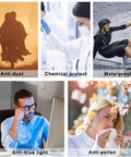 Collage showing uses: anti-dust, chemical protection, waterproof, anti-blue light, anti-pollen, featuring diverse everyday scenarios.