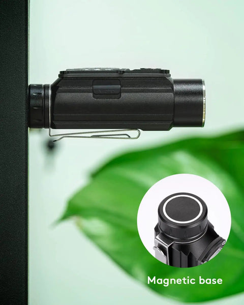 Angel Eyes E700S Beast Mode Bright 2800 Lumen Front Light with magnetic tail cap attached to metal surface, leaf in background.