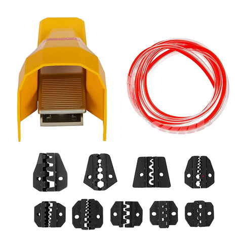 Tough Pneumatic Crimping Tool Air Powered Wire Terminal Crimping Machine with die sets and wire for thick cables.