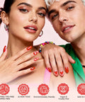 Close-up of manicure with heart designs using Gel Nail Polish Set Six Pink Nude Shades With Highly Pigmented Color Soak Off UV LED Formula.
