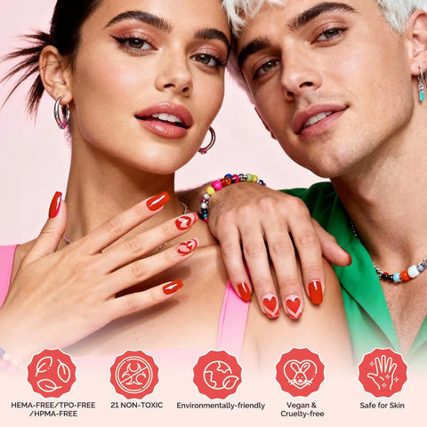 Close-up of manicure with heart designs using Gel Nail Polish Set Six Pink Nude Shades With Highly Pigmented Color Soak Off UV LED Formula.