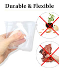 Clear nursery pots with drainage holes demonstrating flexibility, transparent plastic, suitable for succulents and herbs.