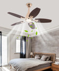 Ceiling Fan with Built-in Light and Handheld Switch, 5 Blades, Modern, featuring wood blades in a cozy bedroom environment.