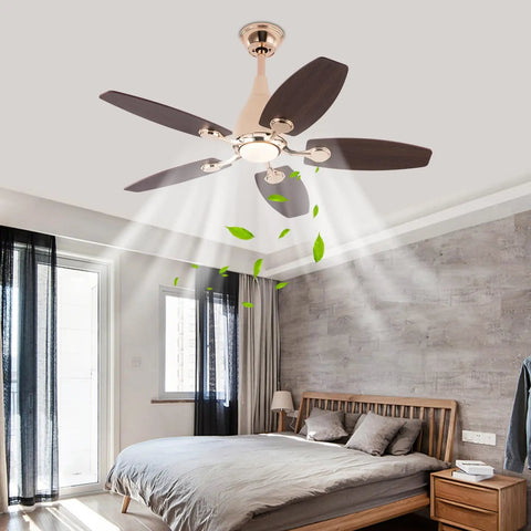 Ceiling Fan with Built-in Light and Handheld Switch, 5 Blades, Modern, featuring wood blades in a cozy bedroom environment.