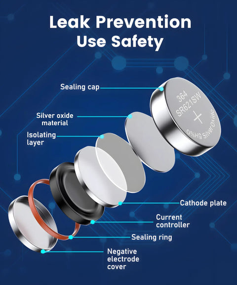 Top Shelf SR621SW And 364 Watch Batteries Ten Pack 1.55V Silver Oxide Button Cells layers showing leak prevention features and safety components.