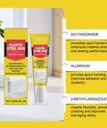 No Sweat Quick Dry Heavy Duty Ceramic Sealant For Bathroom Kitchen Window Door Repair Fast Curing Waterproof Filler Easy Apply Sleek Finish Pro Grade Protection in tube next to box on countertop.