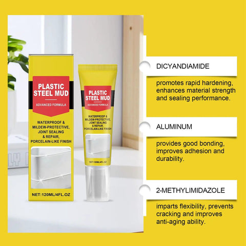 No Sweat Quick Dry Heavy Duty Ceramic Sealant For Bathroom Kitchen Window Door Repair Fast Curing Waterproof Filler Easy Apply Sleek Finish Pro Grade Protection in tube next to box on countertop.