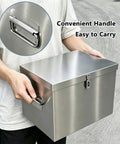 Portable Stainless Steel Tool Box With Heavy Duty Side Handles And Locking Lid And Hella Sturdy Metal Storage Organizer Built Like A Tank For Home Garage Workshop And Yard Projects, hand holding toolbox.