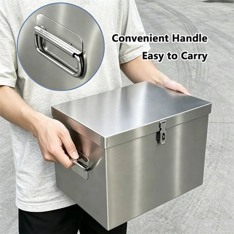 Portable Stainless Steel Tool Box With Heavy Duty Side Handles And Locking Lid And Hella Sturdy Metal Storage Organizer Built Like A Tank For Home Garage Workshop And Yard Projects, hand holding toolbox.