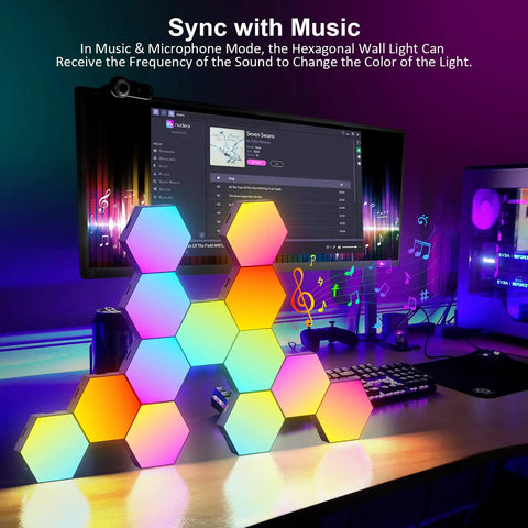 Hexagon RGB LED Wall Panels Lights For Game Room And Bedroom on desk, music sync mode, color-changing honeycomb configuration