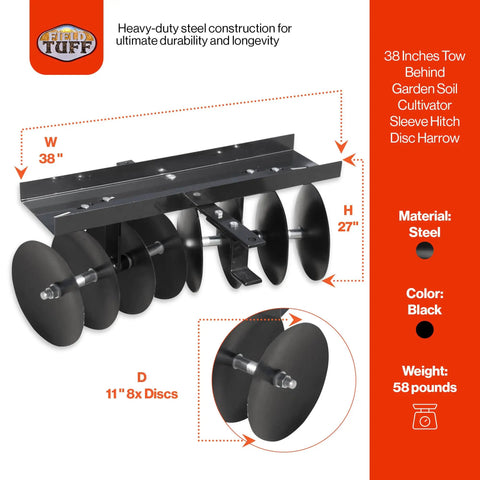 Tow Behind Sleeve Hitch Disc Harrow Garden Cultivator For Tractor With 39 Inch Working Width And 11 Inch Discs Black Steel