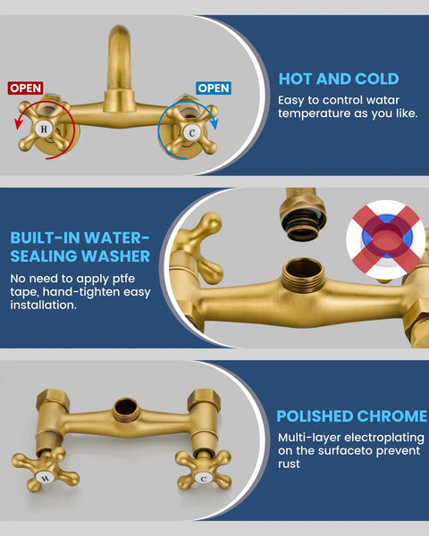 Wall Mount Kitchen Faucet with 6 Inch Spout Dual Handles Hot And Cold Water Mixer Tap detail view antique brass finish