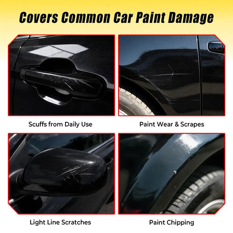 Close-up of a car door with Gloss Black Car Scratch Repair Pen With 2 In 1 Brush Tip Quick Dry Long Lasting OEM Color Match 0.4 Fl Oz Easy Fix For Light Scratches Chips And Scuffs On Cars And Trucks showing scuffs and scratches.