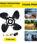 Hub Kit Included 15 Inch 15 Pitch Aluminum Outboard Propeller Four Blade Right Hand Rotation Fits Mercury MerCruiser Alpha Bravo One 135 300HP 15 Dia Prop Replacement Back Up for 2 and 4 Stroke Engines with product specifications and marine images.