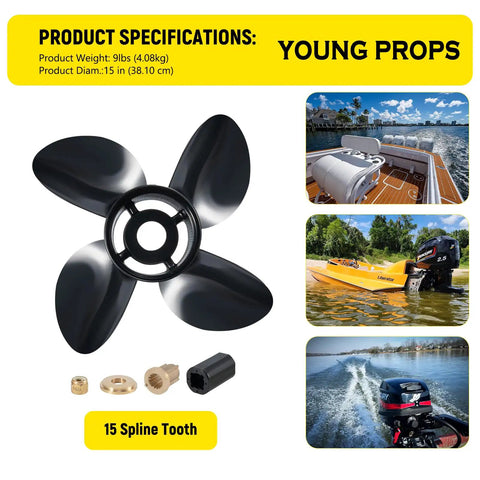 Hub Kit Included 15 Inch 15 Pitch Aluminum Outboard Propeller Four Blade Right Hand Rotation Fits Mercury MerCruiser Alpha Bravo One 135 300HP 15 Dia Prop Replacement Back Up for 2 and 4 Stroke Engines with product specifications and marine images.