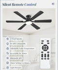 52 Inch Ceiling Fan With Lights, App And Remote, Flush Mount Low Profile Black Ceiling Fan with remote control and features list.
