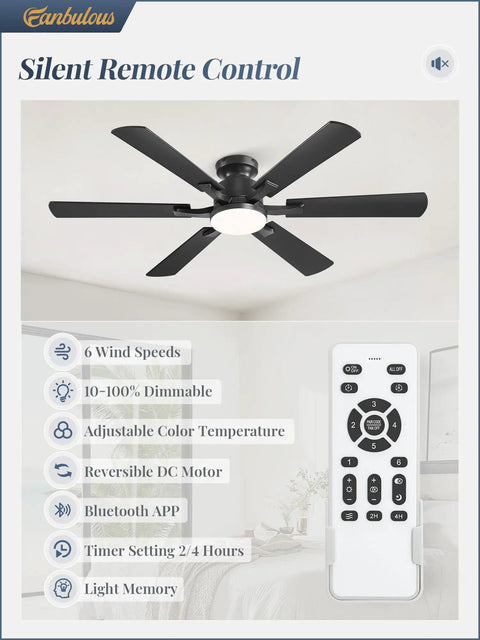 52 Inch Ceiling Fan With Lights, App And Remote, Flush Mount Low Profile Black Ceiling Fan with remote control and features list.