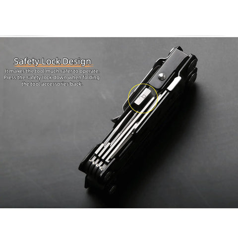 Sixteen-In-One 420 Stainless Steel Multitool Pliers with full locking safety feature highlighted