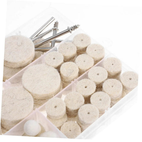 Smooth As Butter Wool Polishing Wheels And Buffing Kit For Jewelry Crafting Rotary Tool Accessories Dremel Compatible, assorted wool heads in storage case.