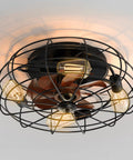 Low Profile 21 Inch Caged Ceiling Fan With Light And Remote Control, Reversible Motor, 360 Degree Metal Mesh Cage, Black Finish