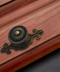 Front view of vintage retro drawer knob set with backplates 5pcs, mushroom shape, antique bronze zinc alloy, installed on wood surface