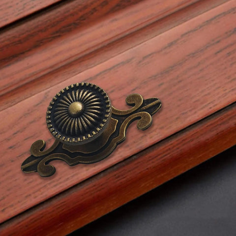Front view of vintage retro drawer knob set with backplates 5pcs, mushroom shape, antique bronze zinc alloy, installed on wood surface