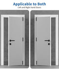 Heavy Duty Four Inch Self Closing Door Hinges Three Pack Featuring Five Eighths Corners And Spring Loaded Setup For Interior Rooms That Shut Smoothly Straight Up Zero Hassle Every Day shown on doors in left and right configurations.